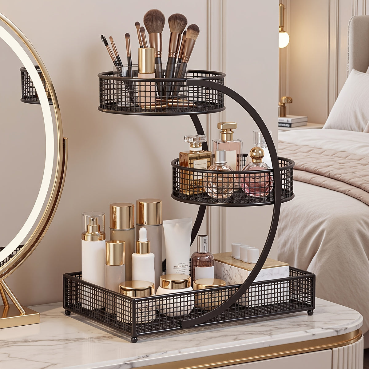 3-Tier Metal Makeup & Cosmetic Storage Rack, No-Install Countertop Organizer for Vanity, Dressing Table & Bathroom — Modern Tabletop Display Shelf, White & Dark