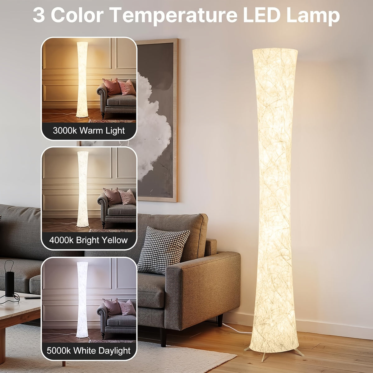 61" LED Floor Lamp with White Fabric Shade – 3 Adjustable Color Temperatures, APP & Remote Control Corner Standing Lamp for Bedroom Living Room, Valentine’s Day Birthday Gift