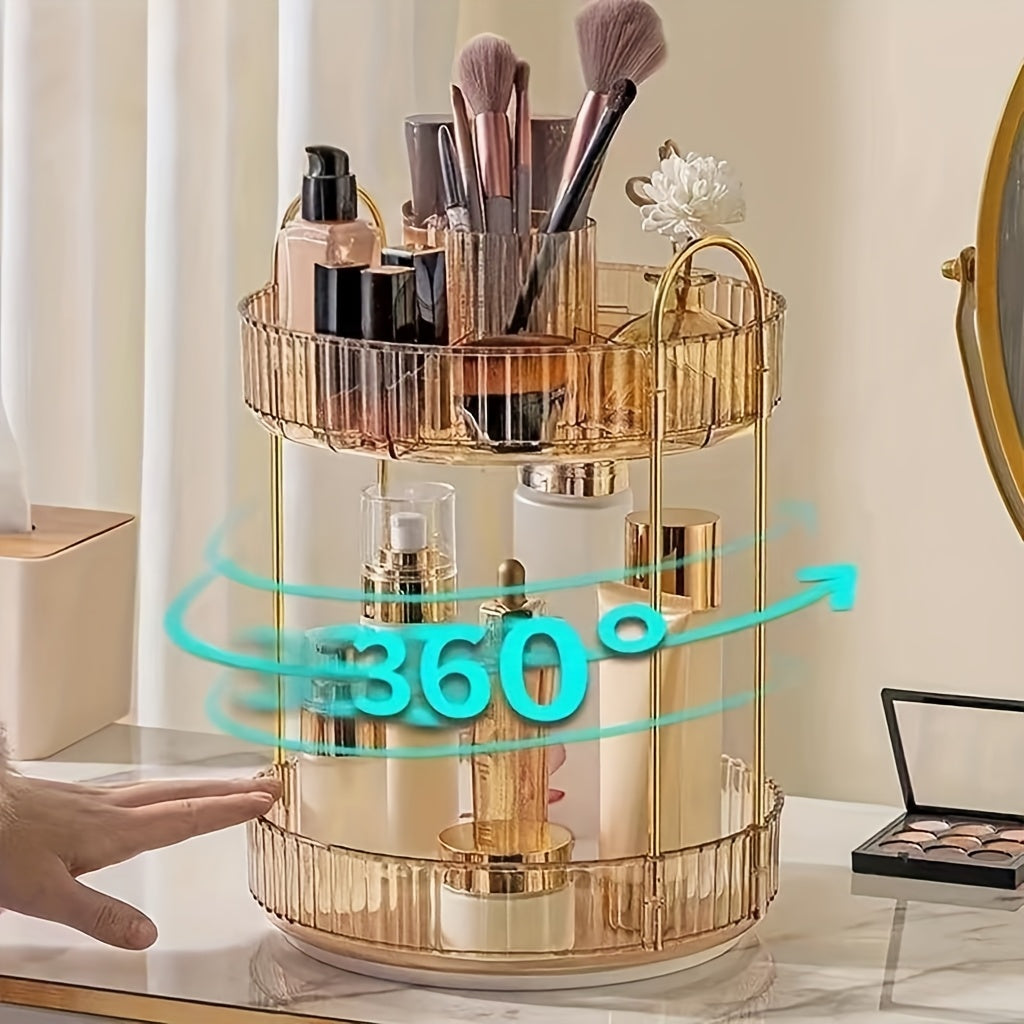 360° Rotating Makeup Organizer with 1, 2 or 3 Tiers, Gold Striped Desktop Cosmetic Storage Rack for Brushes, Lipstick & Skincare – Durable Odorless Vanity Organizer for Bathroom & Bedroom