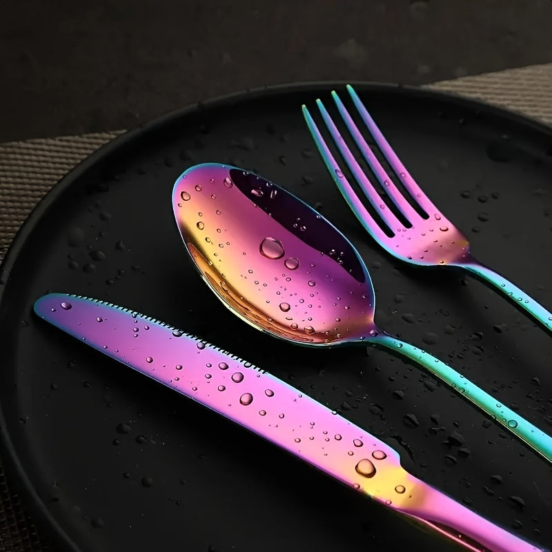 Rainbow Stainless Steel Camping Dinnerware Set – 12 or 36-Piece Plates, Bowls, Cups, Forks, Spoons & Knives for Outdoor Picnic, Backpacking & Family Camping
