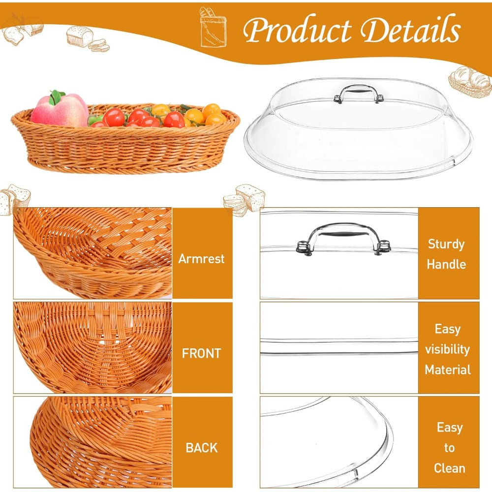 Oval Woven Rattan Bread Basket with Lid – Handcrafted Seagrass Food Basket for Serving, Storage & Display – Ideal for Bread, Fruit & Vegetables – Kitchen & Dining Decor, Tea & Beige