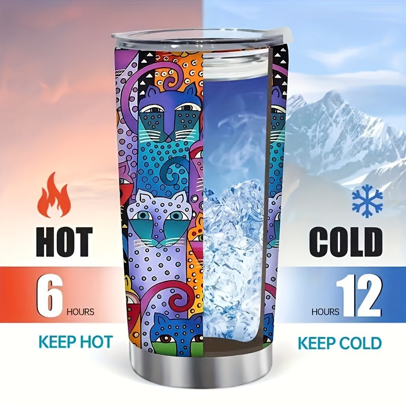Cat Lover Gift Tumbler 20oz Boho Rainbow Cat Art Insulated Stainless Steel Travel Mug – Leakproof Birthday Gift for Cat Mom Women Pet Lovers