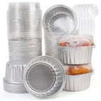 Aluminum Foil Cupcake Liners with Lids & Spoons - 50 Pack, 5oz Disposable Muffin Cups for Oven, Microwave & Air Fryer, Party Baking Cups for Christmas, Weddings & Birthdays, Pink & Grey