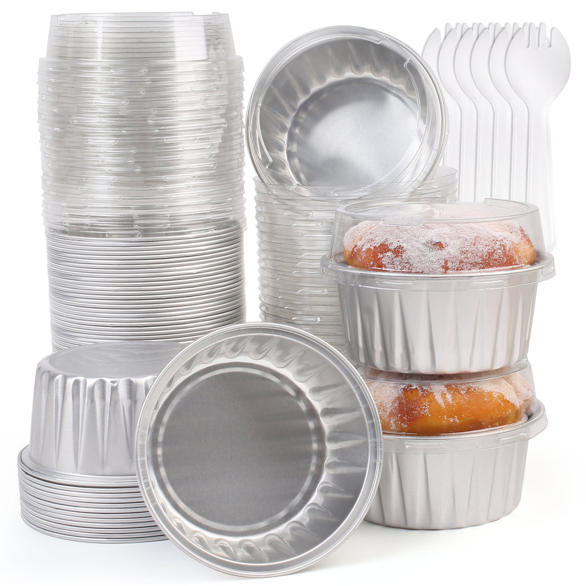 Aluminum Foil Cupcake Liners with Lids & Spoons - 50 Pack, 5oz Disposable Muffin Cups for Oven, Microwave & Air Fryer, Party Baking Cups for Christmas, Weddings & Birthdays, Pink & Grey