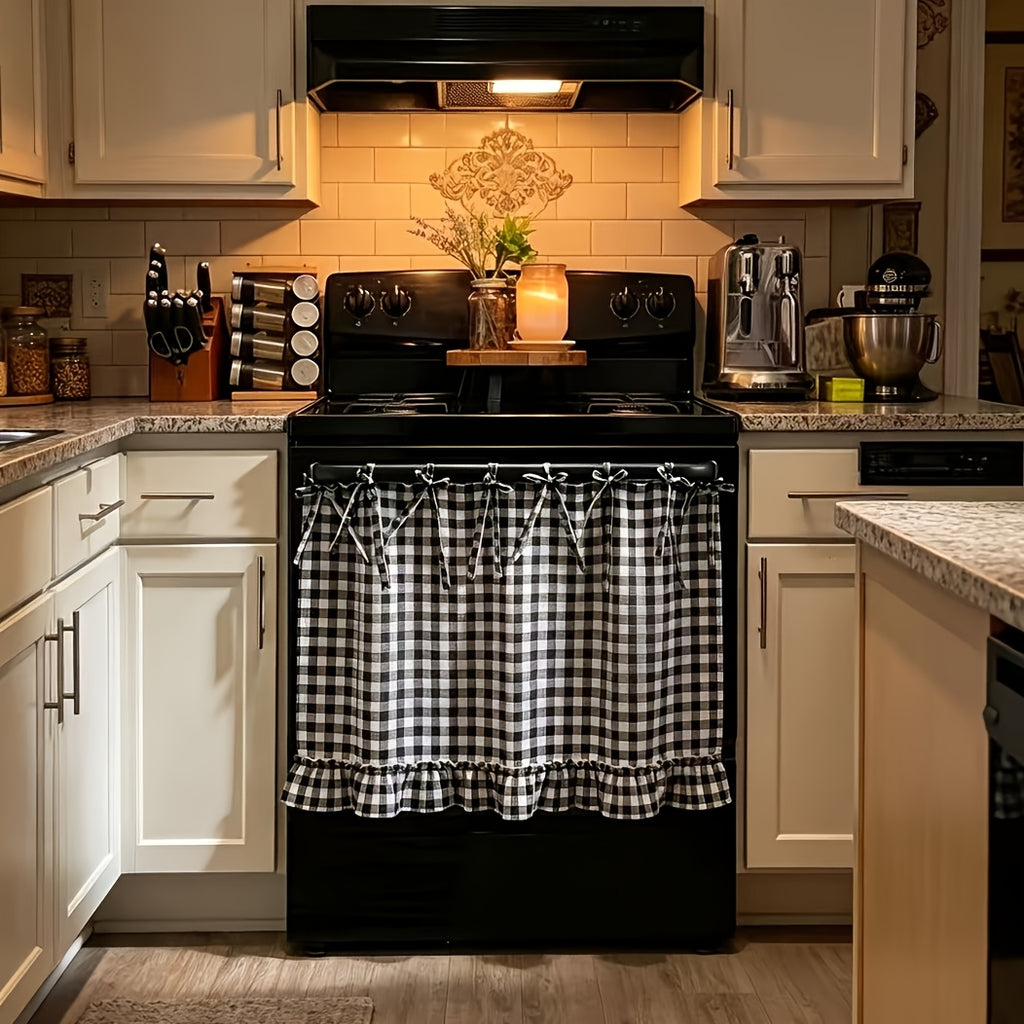 Farmhouse Oven Skirt Curtain – Handmade Checkered Ruffled Drawstring Decorative Panels for Oven, Stove & Cabinet Covers | Rustic Kitchen Appliance Decor | Nuvia Haven