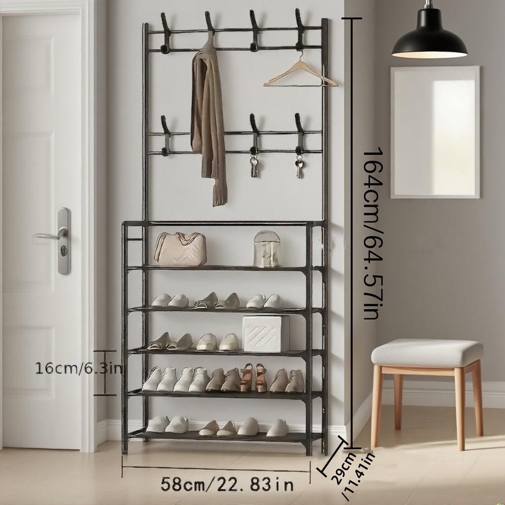 5-Tier Metal Coat Rack with 10 Double Hooks and Shoe Rack – Freestanding Entryway Hall Tree, Space-Saving Clothes Hanger Stand for Hallway, Living Room, Bedroom, Bathroom | Black