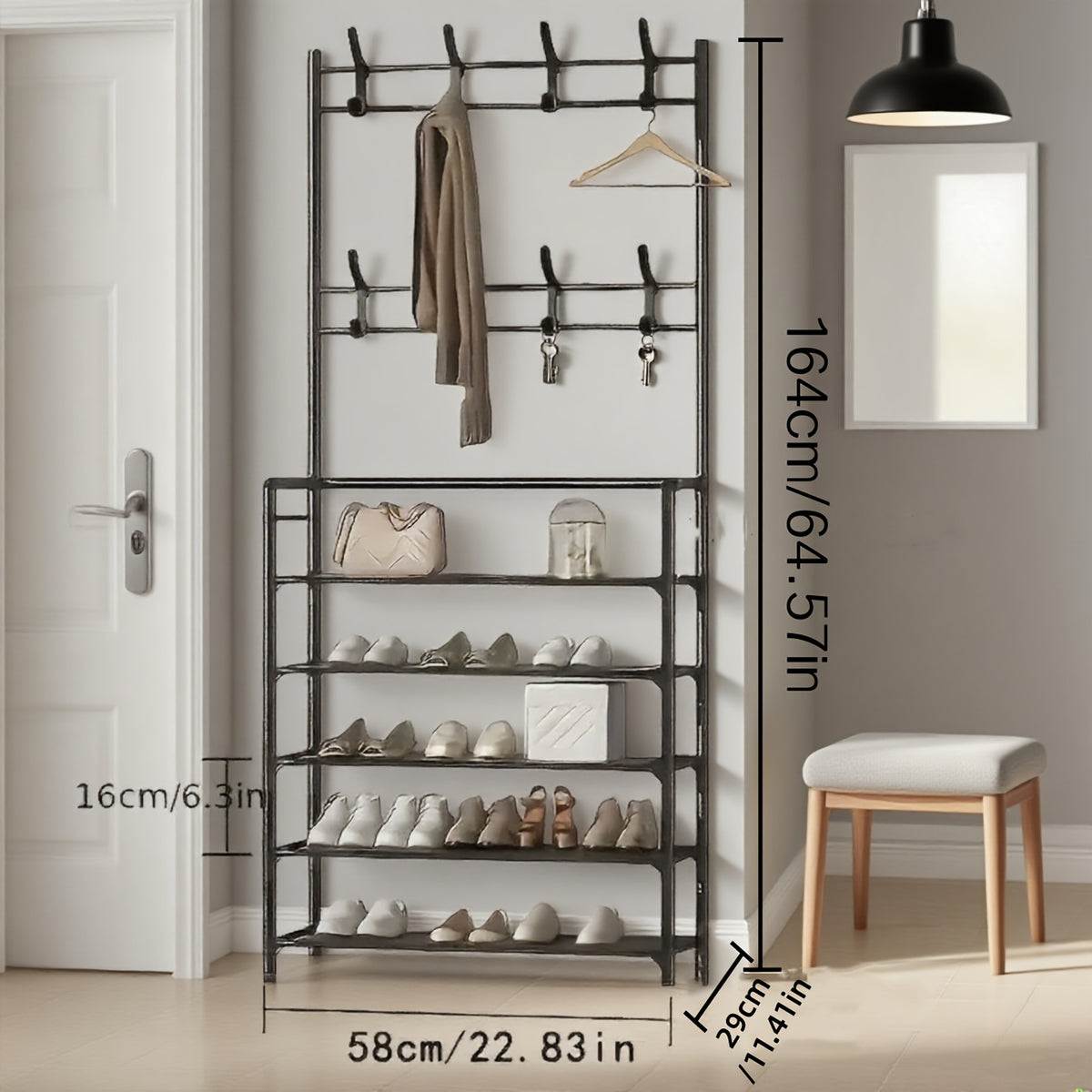 5-Tier Metal Coat Rack with 10 Double Hooks and Shoe Rack – Freestanding Entryway Hall Tree, Space-Saving Clothes Hanger Stand for Hallway, Living Room, Bedroom, Bathroom | Black