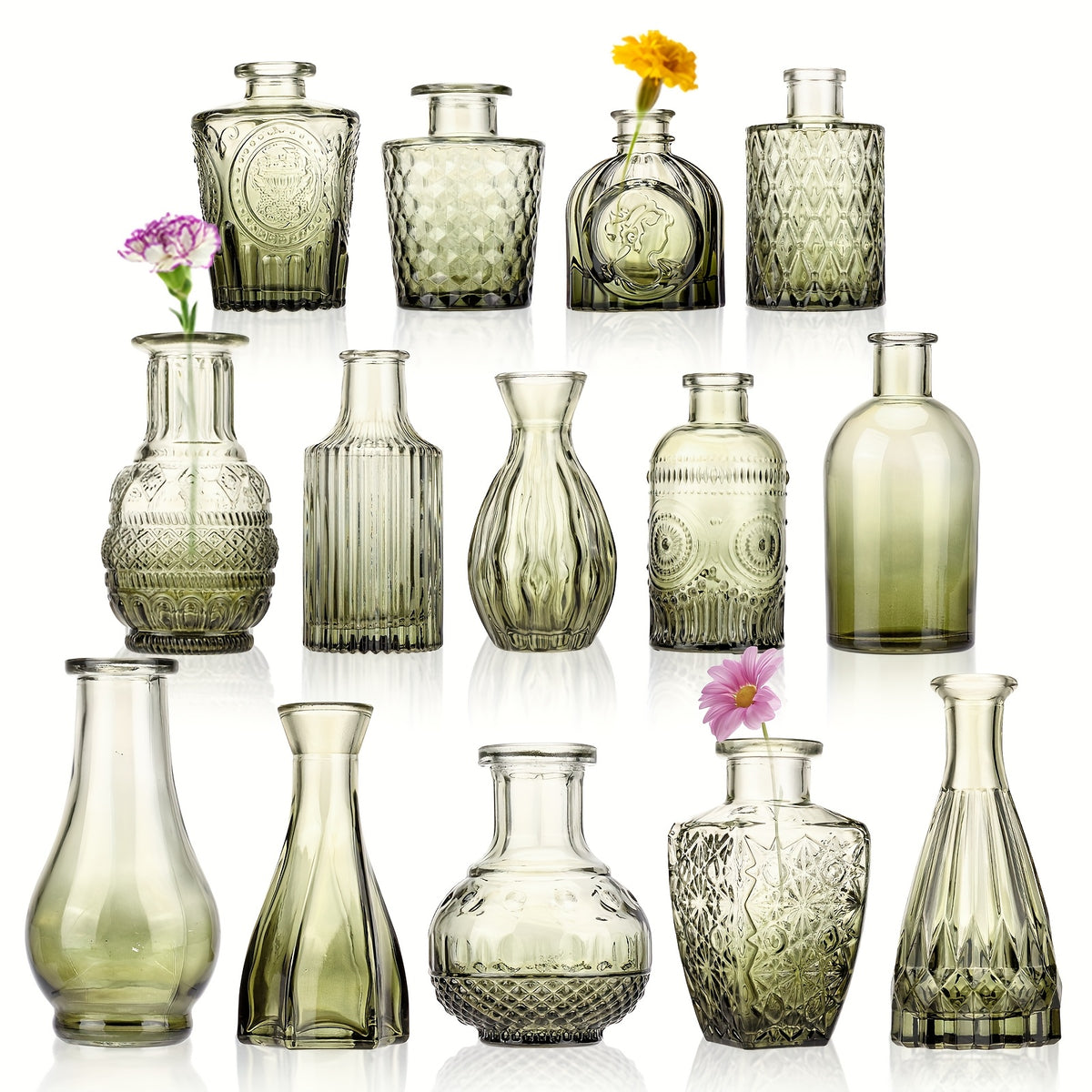 Mini Glass Bud Vase Set of 12 – Multicolor Gradient Relief Design, Vintage Flower Vases for Centerpieces, Wedding Table Decor, Home Party & Event Floral Arrangements