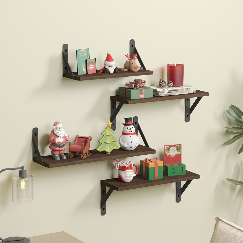 Floating Wall Shelves 4-Pack Wall Mounted Display Shelf for Bedroom Living Room Bathroom Plants Home Decor Storage Wood Color Walnut Black White Light Gray