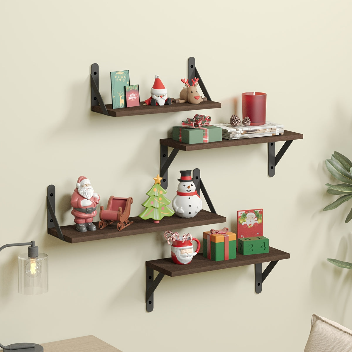 Floating Wall Shelves 4-Pack Wall Mounted Display Shelf for Bedroom Living Room Bathroom Plants Home Decor Storage Wood Color Walnut Black White Light Gray