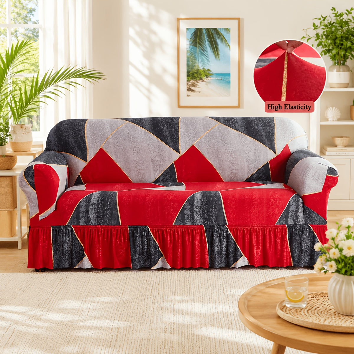 Sofa Cover Slipcover with Printed Skirt – Elastic Pet Anti-Dirt Protection for Living Room, 2/3/4-Seater & Single, All-Purpose Couch Cushion Cover Home Decor