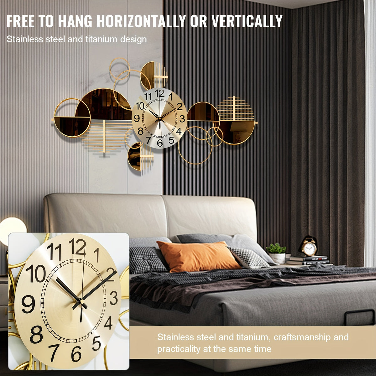 3D Metal Wall Clock 31x17 Inch Large Decorative Silent Non-Ticking Modern Wall Art Clock for Living Room Bedroom Creative Big Statement Home Decor