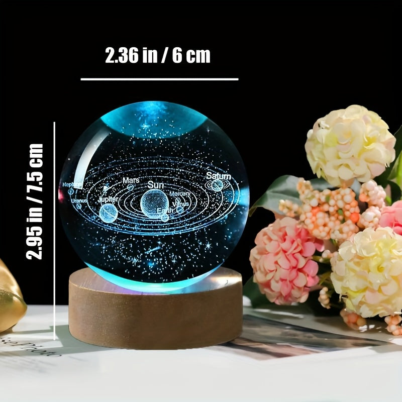 Solar System Crystal Ball LED Night Light with Wooden Base - 3D Laser Engraved Planetary Model Space Lamp for Bedroom Living Room Desk Decor, Gift for Astronomy Enthusiasts and Space Educators