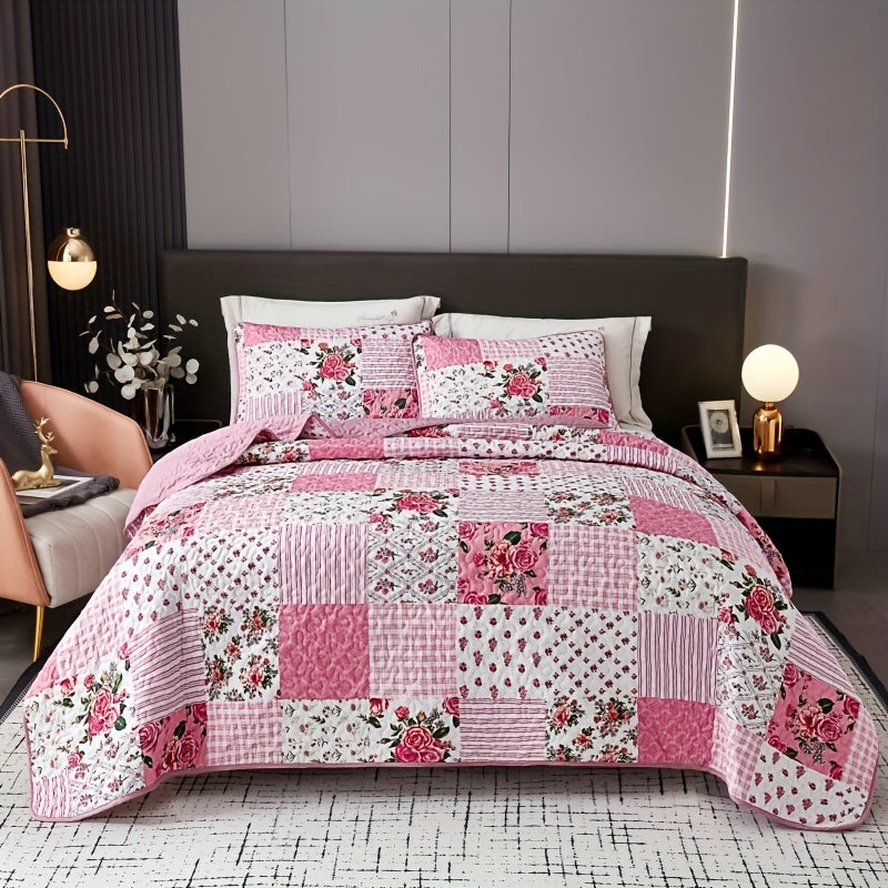 Pink Patchwork Quilted Bedspread Set 3 Piece – Sweet Floral Print, 1 Bedspread + 2 Pillowcases, Soft Breathable All-Season Bedding, Machine Washable, Twin Full/Queen King, Bedroom & Dorm Decor