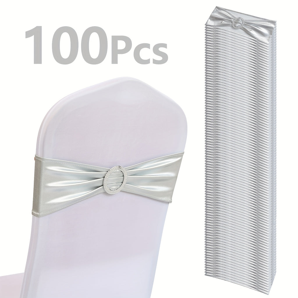 Metallic Spandex Chair Sashes Bow Bands 100pcs – Sparkle Lycra Stretch Chair Ties with Buckle for Wedding, Banquet & Party Decor | Gold, Silver, Rose Gold