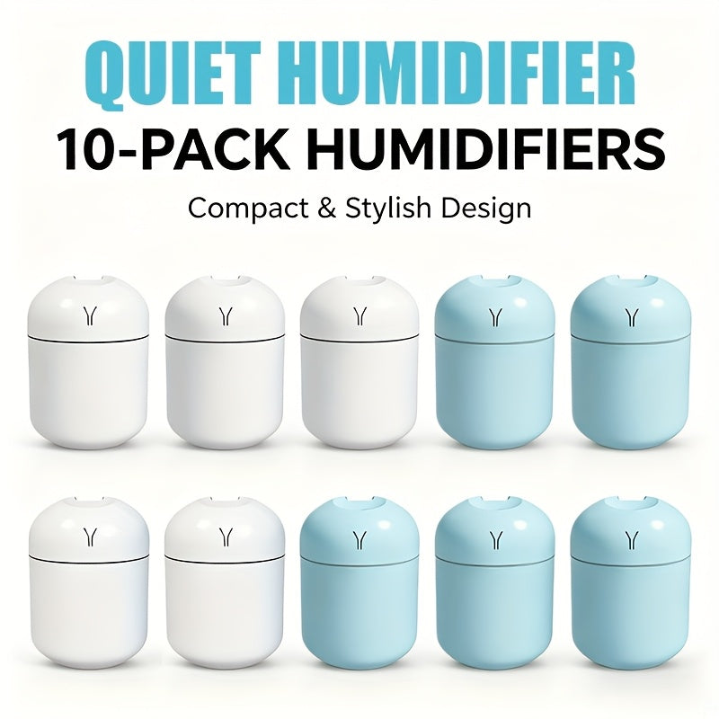 10-Pack Mini USB Desk Humidifiers with Spray Mist for Bedroom Living Room Office Car Long-Lasting Cool Mist Blue White Bulk Humidifier Set