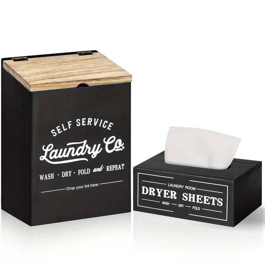 Magnetic Lint & Dryer Sheet Holder Set of 2 – Farmhouse Wood Lint Trash Can with Lid & Magnetic Dryer Sheet Dispenser Box for Laundry Room, Dryer & Wall Mounted Lint Basket