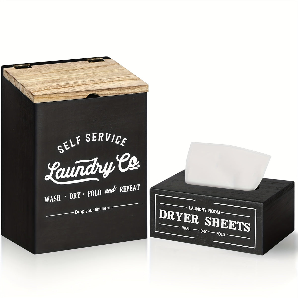 Magnetic Lint & Dryer Sheet Holder Set of 2 – Farmhouse Wood Lint Trash Can with Lid & Magnetic Dryer Sheet Dispenser Box for Laundry Room, Dryer & Wall Mounted Lint Basket