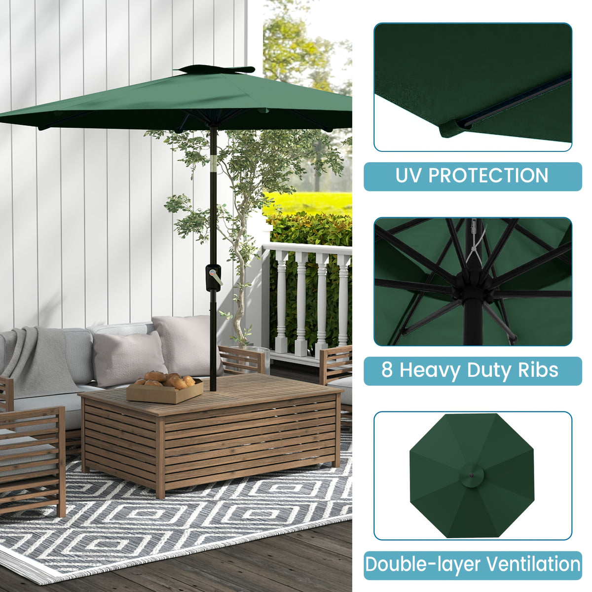 Large Patio Umbrella 9ft / 10ft, Outdoor Market Umbrella with Manual Crank & Tilt, Metal Frame, Polyester Canopy, Table or Freestanding Use, 5 Colors — Beige, Red, Dark Blue, Light Blue, Dark Green
