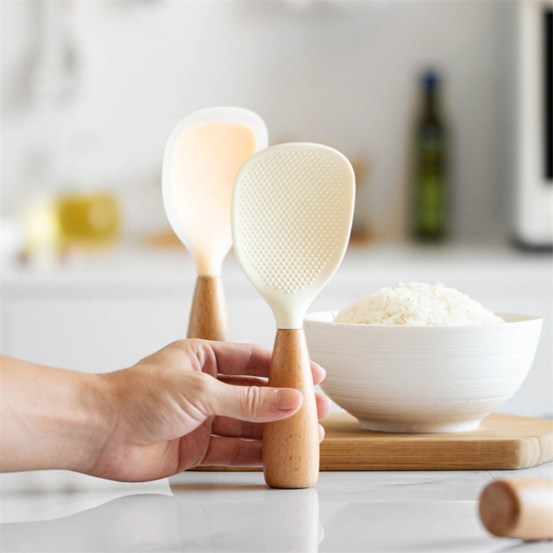 Silicone Rice Spoon with Wooden Handle 2 Pack Heat Resistant Standing Serving Spatula for Nonstick Pans Rice Cooker Grains Potato Orange White Green Gray Black