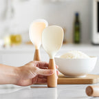 Silicone Rice Spoon with Wooden Handle 2 Pack Heat Resistant Standing Serving Spatula for Nonstick Pans Rice Cooker Grains Potato Orange White Green Gray Black