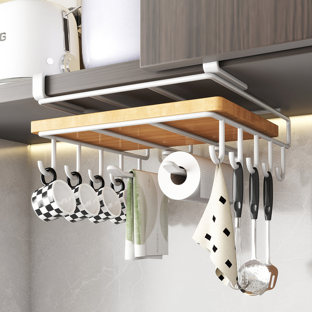 Under Cabinet Organizer Rack with Double Row Hooks Heavy Duty Carbon Steel Kitchen Shelf for Utensils Towels Cups Cutting Boards – No-Drill Easy Install