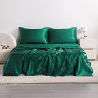 Cooling Satin Bed Sheet Set 4-Piece – Hypoallergenic Breathable Deep Pocket Flat & Fitted Sheet with Pillowcases, 300 GSM, 15 Colors, Twin to Cal King
