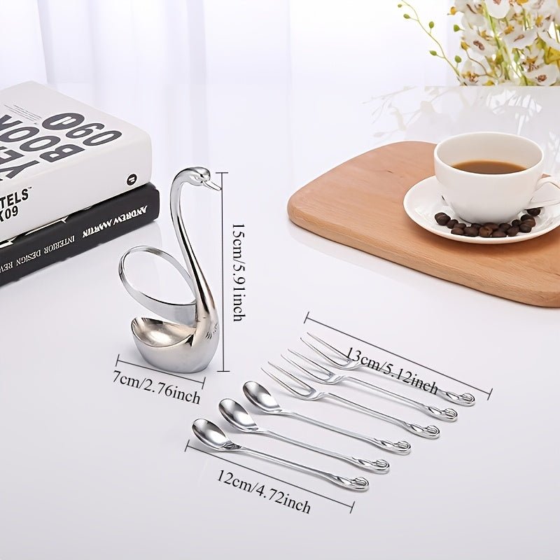 Swan-Shaped Stainless Steel Cutlery Rack with Fork & Spoon Set 7-Piece – Elegant Decorative Silverware Holder for Holiday Table Decor, Christmas, Halloween & Gifts