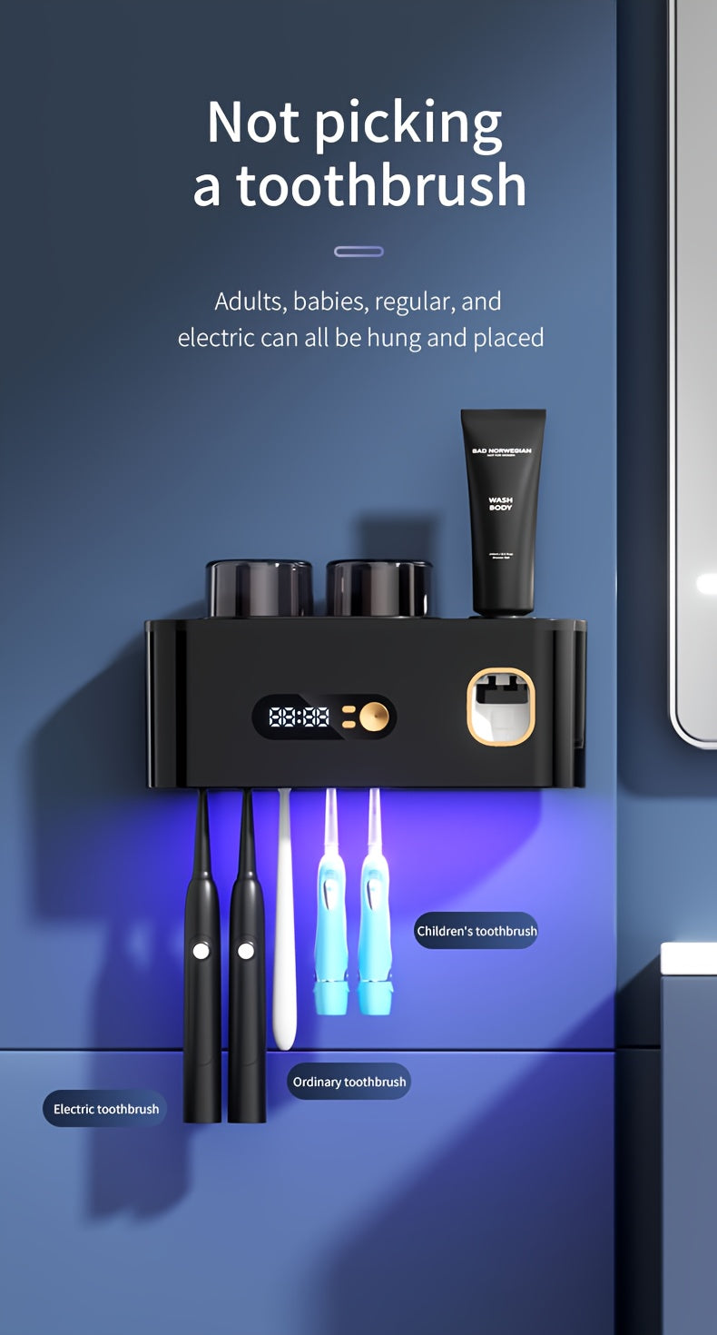 Smart Toothbrush Sterilizer & Organizer with Automatic Toothpaste Dispenser, 5-Slot Holder, 2 Rinse Cups, USB Rechargeable & Clock Display – Modern Bathroom Caddy