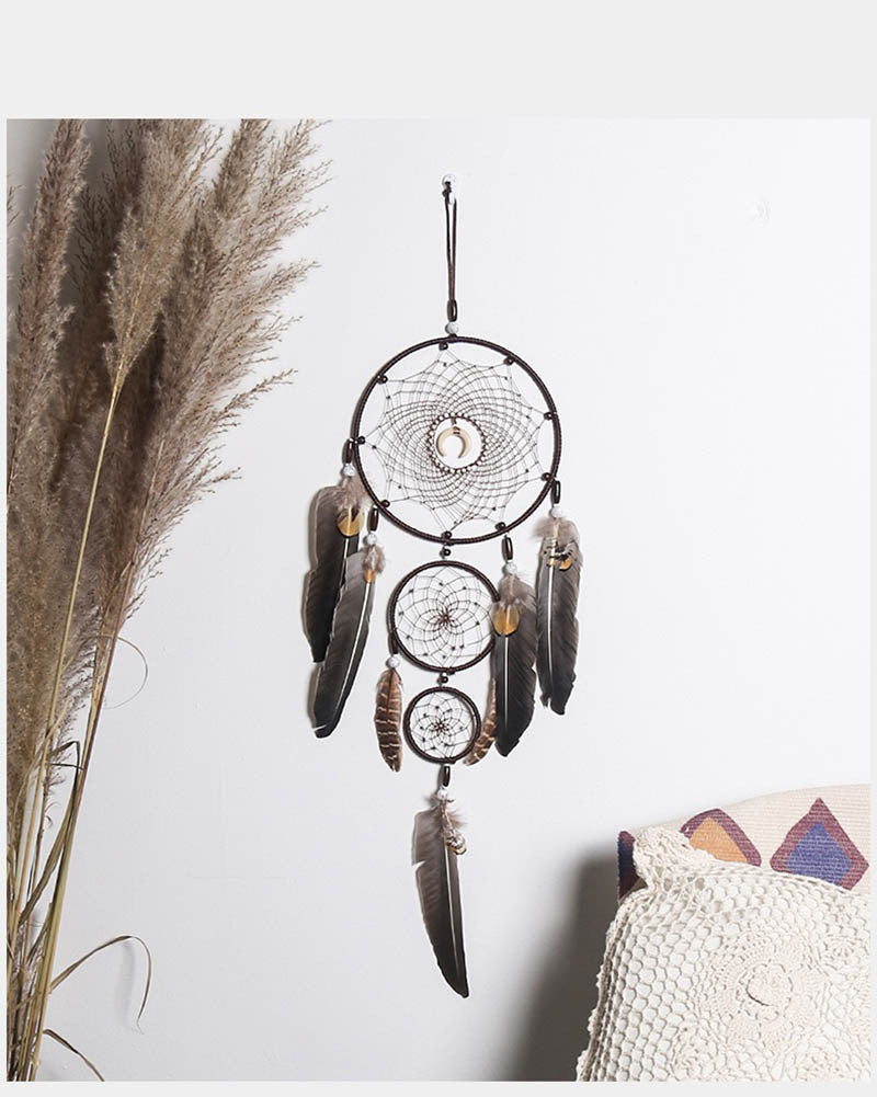 Handmade Feather Rattan Wind Chime Wall Hanging Boho Eclectic Bedroom Decor Dream Catcher Festival Gift Brown Rainbow