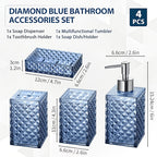 Bathroom 4-Piece Plastic Accessory Set – Transparent Diamond Grid Pattern | Soap Dispenser, Toothbrush Holder & More | Grey, Blue, Green