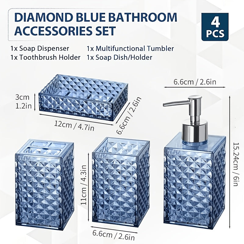 Bathroom 4-Piece Plastic Accessory Set – Transparent Diamond Grid Pattern | Soap Dispenser, Toothbrush Holder & More | Grey, Blue, Green