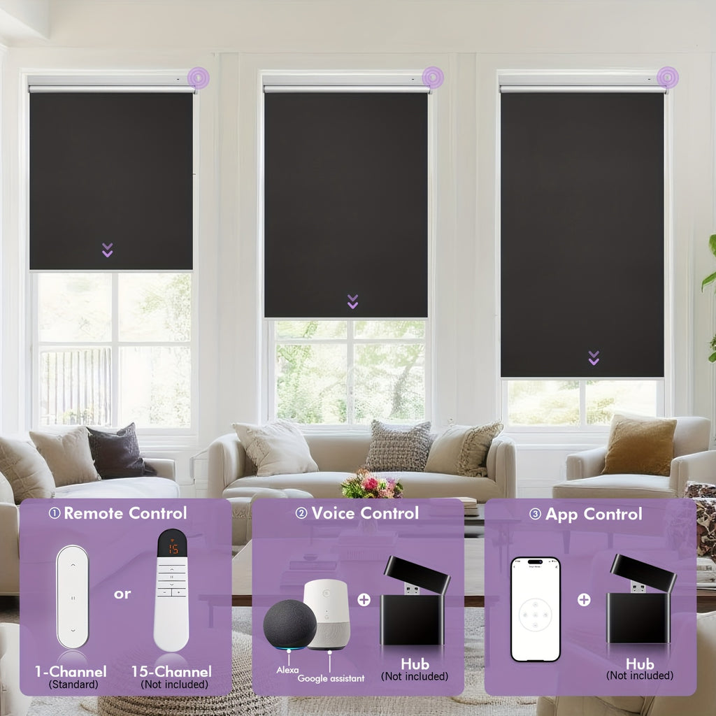 Solar Powered Electric Roller Blind Remote Controlled Blackout Shade | Smart Motorized Window Blind Silver-Back Polyester for Home Office, 20 Width Options, White Grey Black