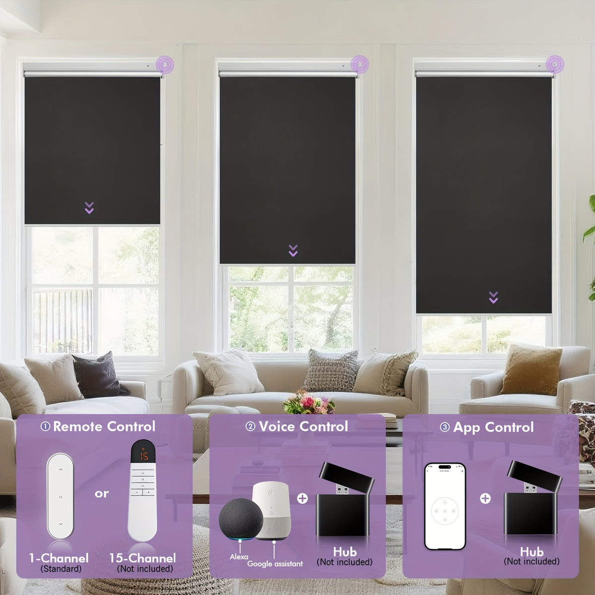 Solar Powered Electric Roller Blind Remote Controlled Blackout Shade | Smart Motorized Window Blind Silver-Back Polyester for Home Office, 20 Width Options, White Grey Black