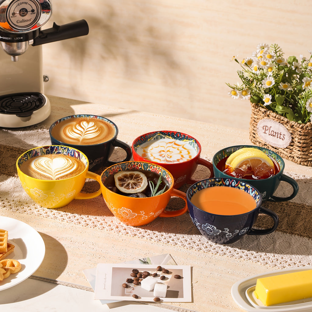 Bohemian Ceramic Breakfast Mugs Set of 6 – 15oz Large Coffee Mugs Microwave Safe for Hot & Cold Drinks – Holiday Gift for Halloween Thanksgiving Christmas