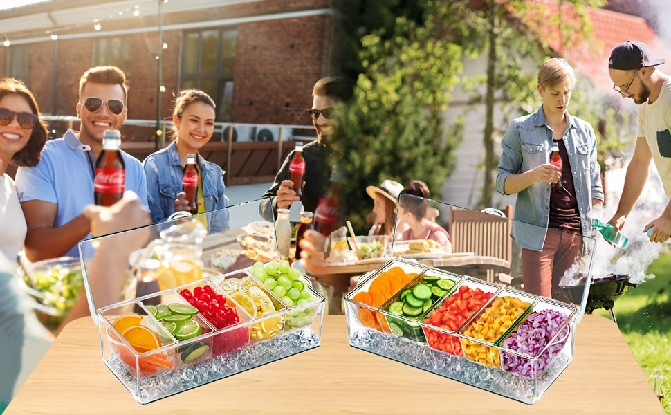 Chilled Condiment & Seasoning Serving Tray Set – Clear Dipping Sauce Plates with Optional Ice Packs or Label Stickers & Pen – Perfect for Entertaining, BBQ, Charcuterie & Appetizers