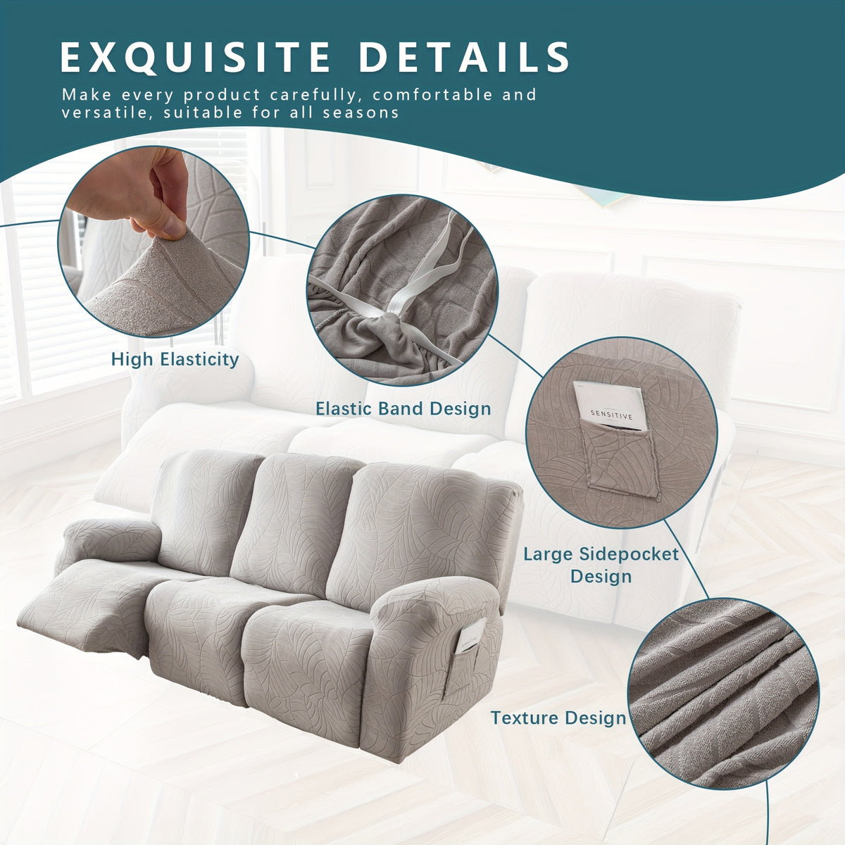 Jacquard Stretch Recliner Sofa Cover – Big Leaves Pattern, 1/2/3 Seater & Loveseat with Console, Winter Insulation Soft Washable, 6 Colors