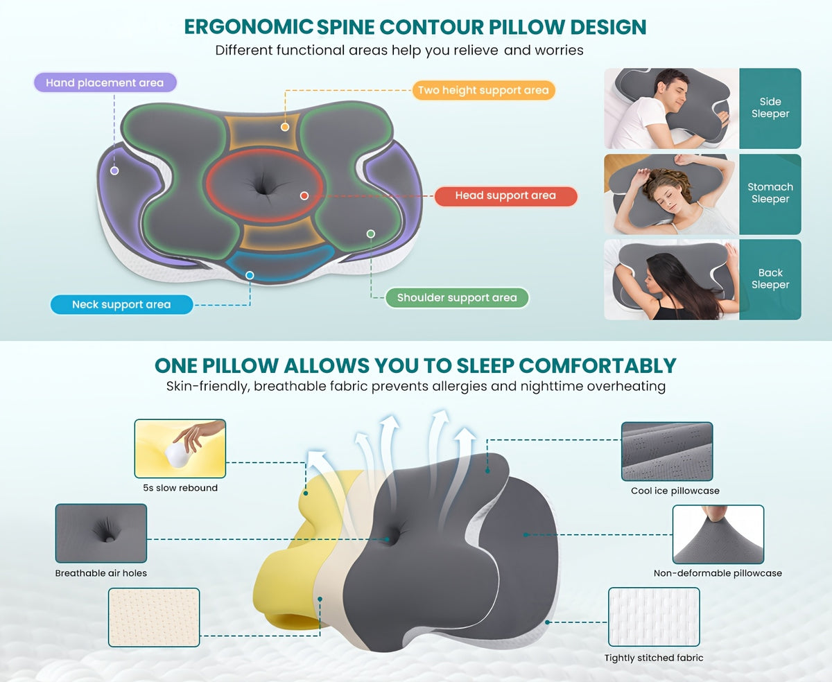 Ergonomic Cervical Memory Foam Pillow – Contour Support with Cooling Silk Cover | White & Gray