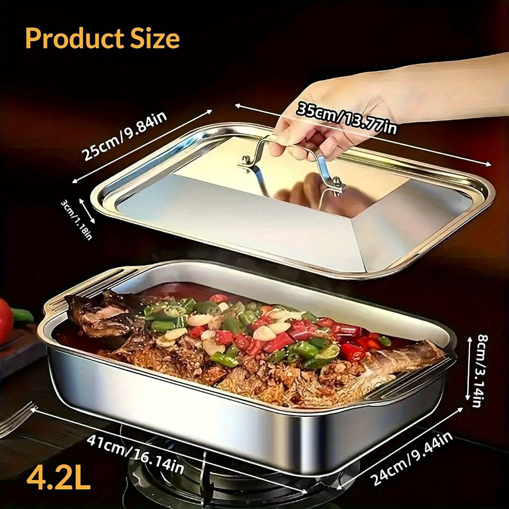 Stainless Steel Baking Tray Set of 4 – 2 Deep Trays & 2 Lids with Handles, 16.1 Inch Non-Stick Roasting Pan, Oven & BBQ Safe, Easy Clean, Multi-Purpose