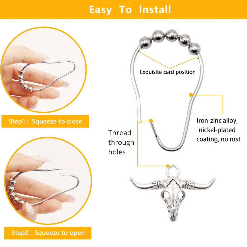 Bull Skull Metal Shower Curtain Hooks – 5-Bead Roller Rings, Smooth Gliding & Rustproof | Durable Decorative Hooks for Shower Curtains & Grommet Curtains