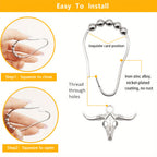 Bull Skull Metal Shower Curtain Hooks – 5-Bead Roller Rings, Smooth Gliding & Rustproof | Durable Decorative Hooks for Shower Curtains & Grommet Curtains