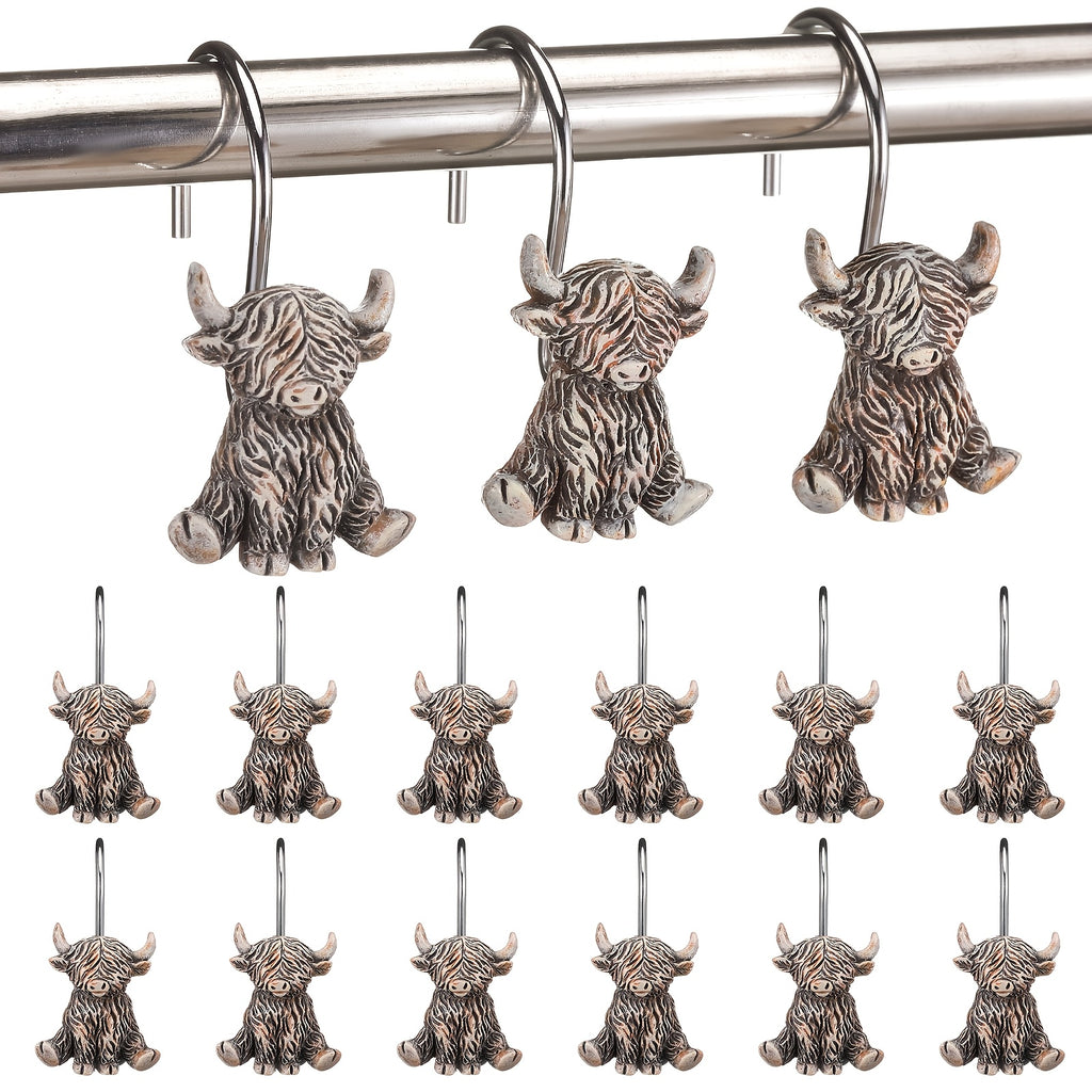 Highland Cow Shower Curtain Hooks 12 Pack - Western Farmhouse Rustic Bathroom Decor, Rust Resistant Metal Rings Hangers, Country Boho Bath Accessories Winter Home Decor