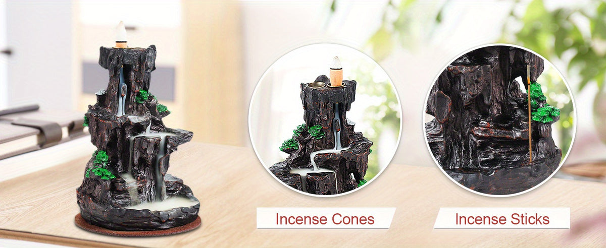 Backflow Incense Burner Waterfall Holder 2-Side Design with 120 Backflow Cones & 30 Incense Sticks - Aromatherapy Ornament for Home Decor, Meditation & Relaxation