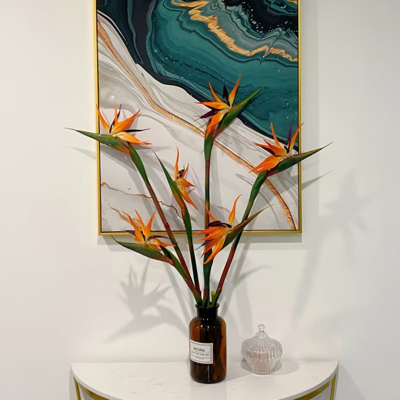 Artificial Bird of Paradise Flowers – 5-Stem Faux Strelitzia Bouquet with Orange & Purple Petals, Lifelike Plastic Stems for Home, Office & Wedding Table Centerpieces