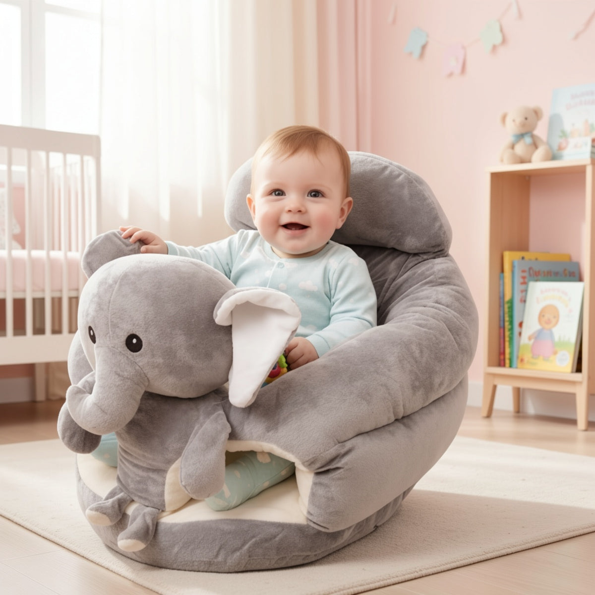 Baby Support Seat Plush Animal Infant Lounger – Ultra-Soft Cushioned Tummy Time Seat for Babies & Toddlers, Non-Toxic Fabric, No Assembly, Elephant Grey, Bear Pink & Bear Khaki