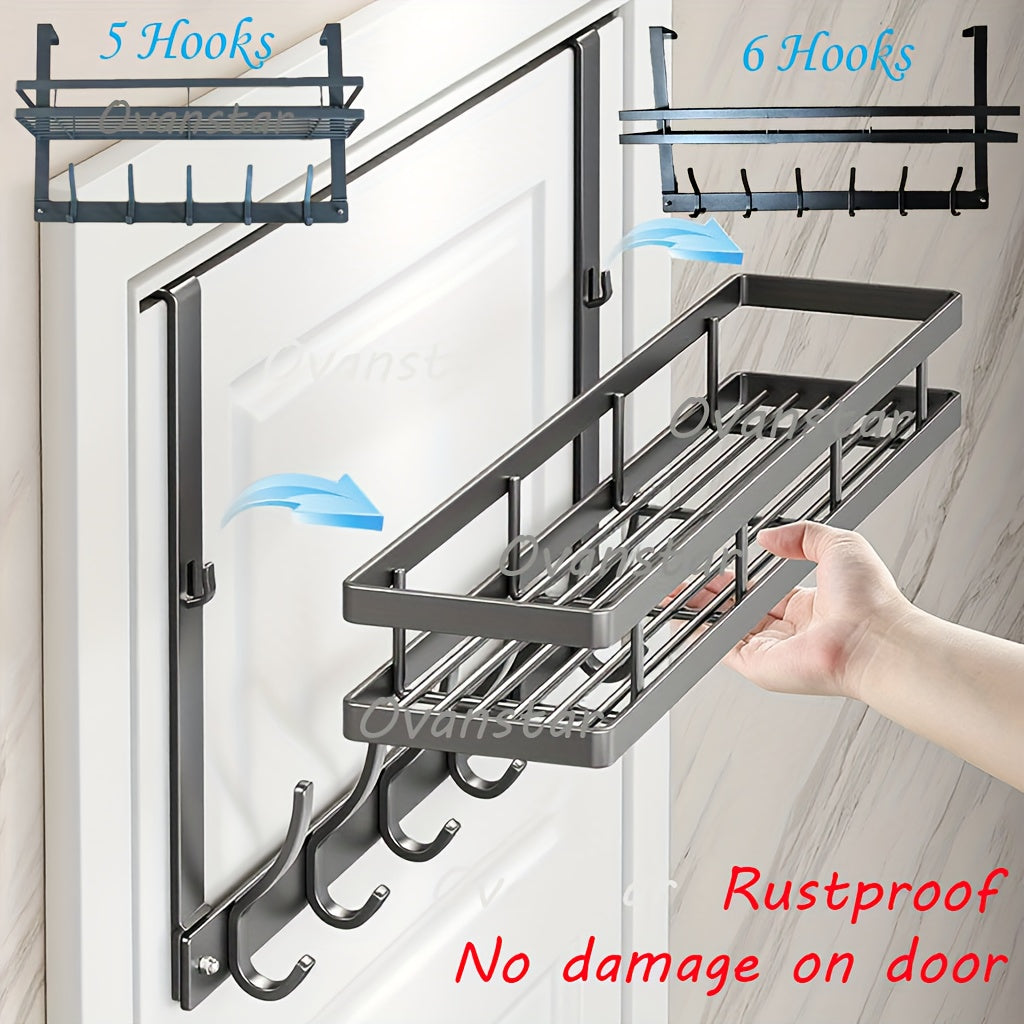 Over Door Hook Rack 2-Tier 5 or 6 Hooks Rustproof Metal – Space-Saving No-Damage Hanger for Clothes, Coats, Hats & Handbags, Gray