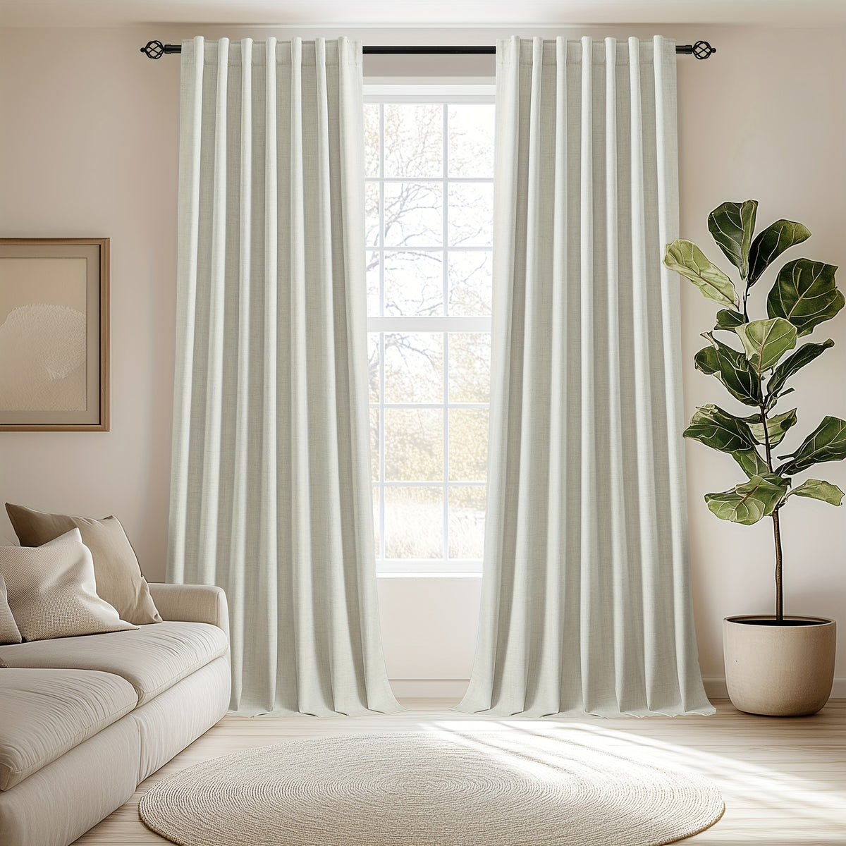 Faux Linen Blackout Curtains 2 Panels for Bedroom & Living Room – 100% Blackout, Back Tab & Rod Pocket, Thermal Insulated Farmhouse Drapes