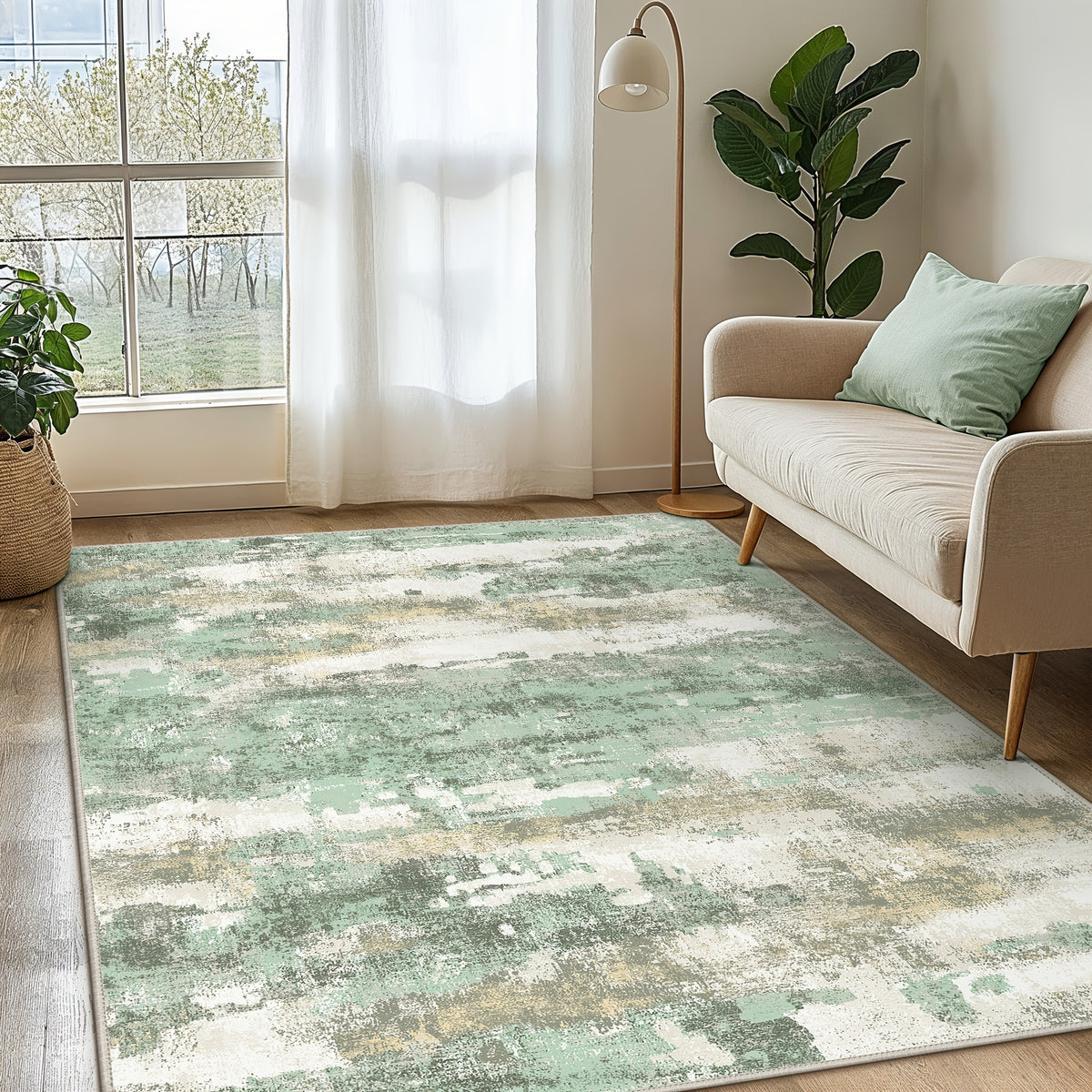 Modern Abstract Area Rug Low Pile Machine Washable Non-Slip for Living Room, Bedroom & Dining – Sage Green, Blue & Dark Grey, 4 Oversized Options