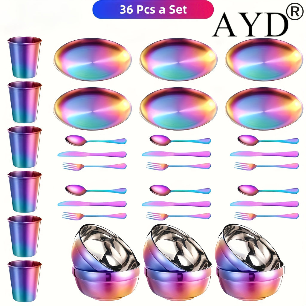 Rainbow Stainless Steel Camping Dinnerware Set – 12 or 36-Piece Plates, Bowls, Cups, Forks, Spoons & Knives for Outdoor Picnic, Backpacking & Family Camping
