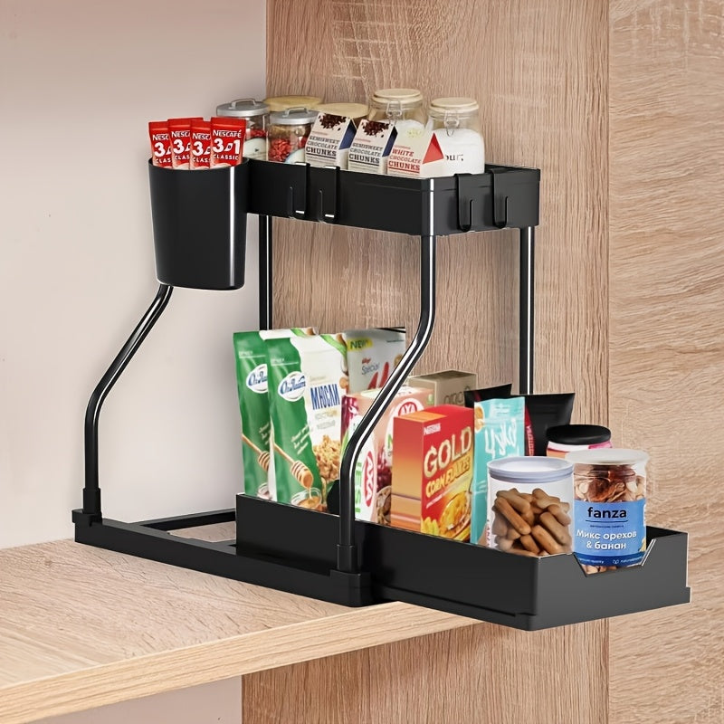 Under Sink Organizer 2-Tier Sliding Cabinet Basket with Hooks – Bathroom Kitchen Under Sink Storage Shelf Rack Organizer